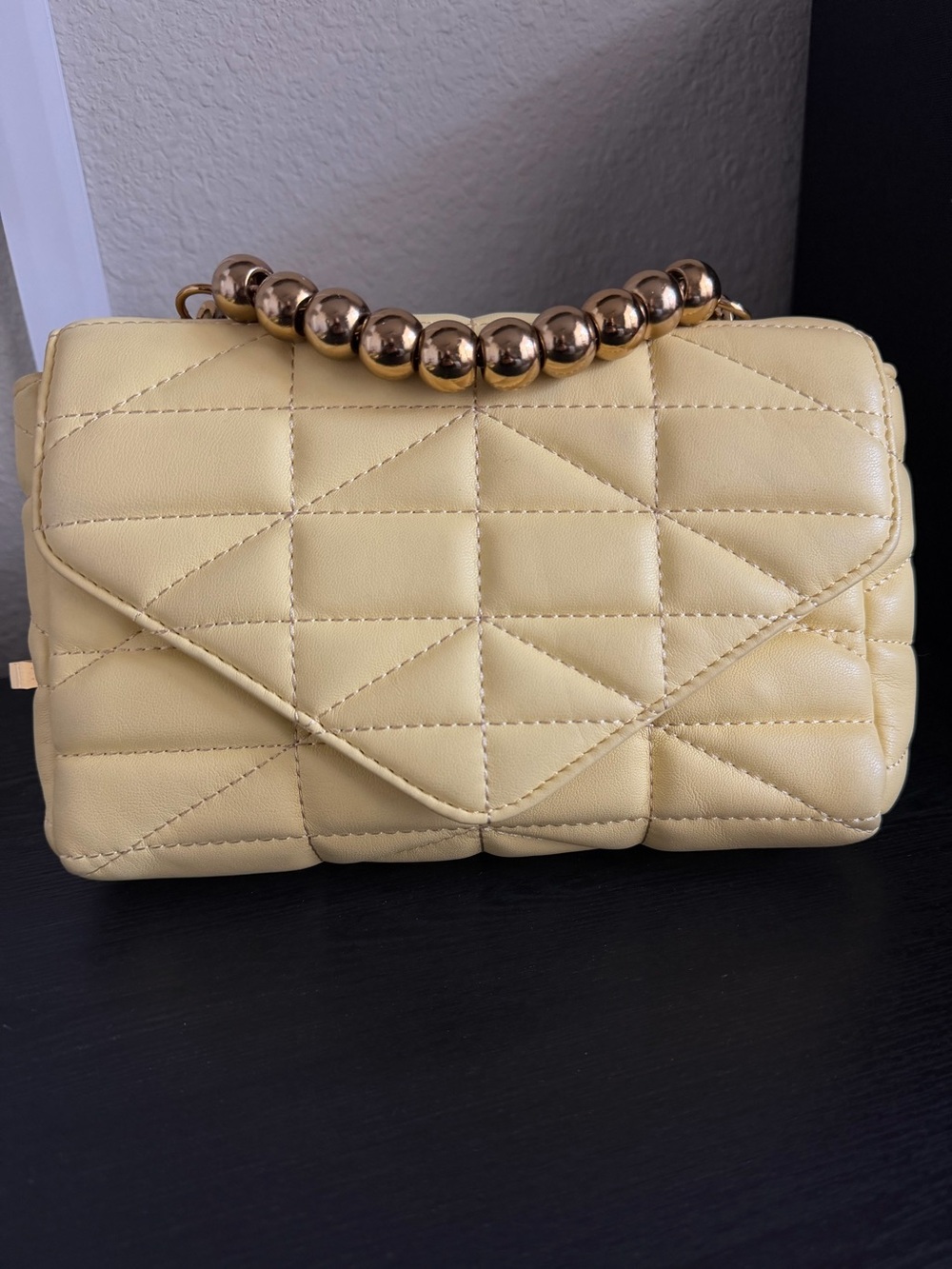 Zara Quilted Pale Yellow Crossbody with Gold Bead Handle